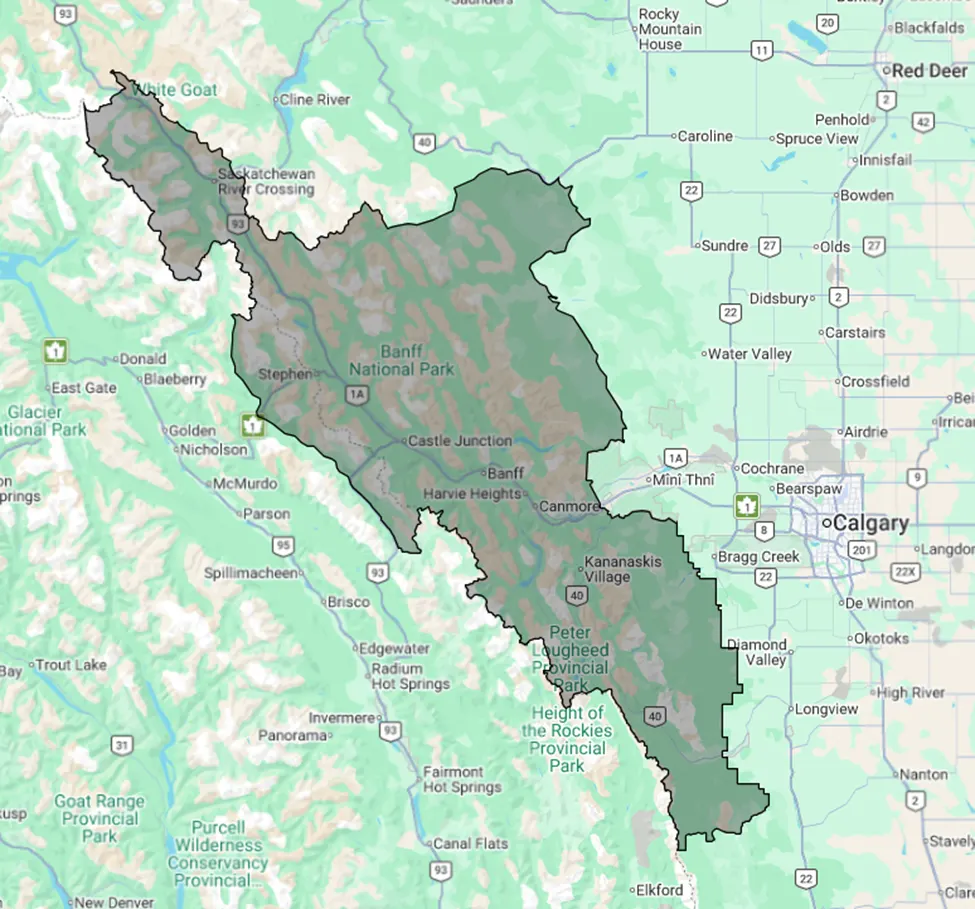 Map of TABVAR's mandate area: a shaded region west of Calgary that includes Banff, Canmore and Kananaskis Country